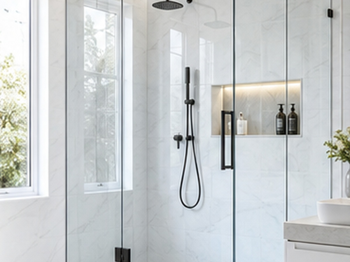 Frameless glass shower enclosure in a bright bathroom